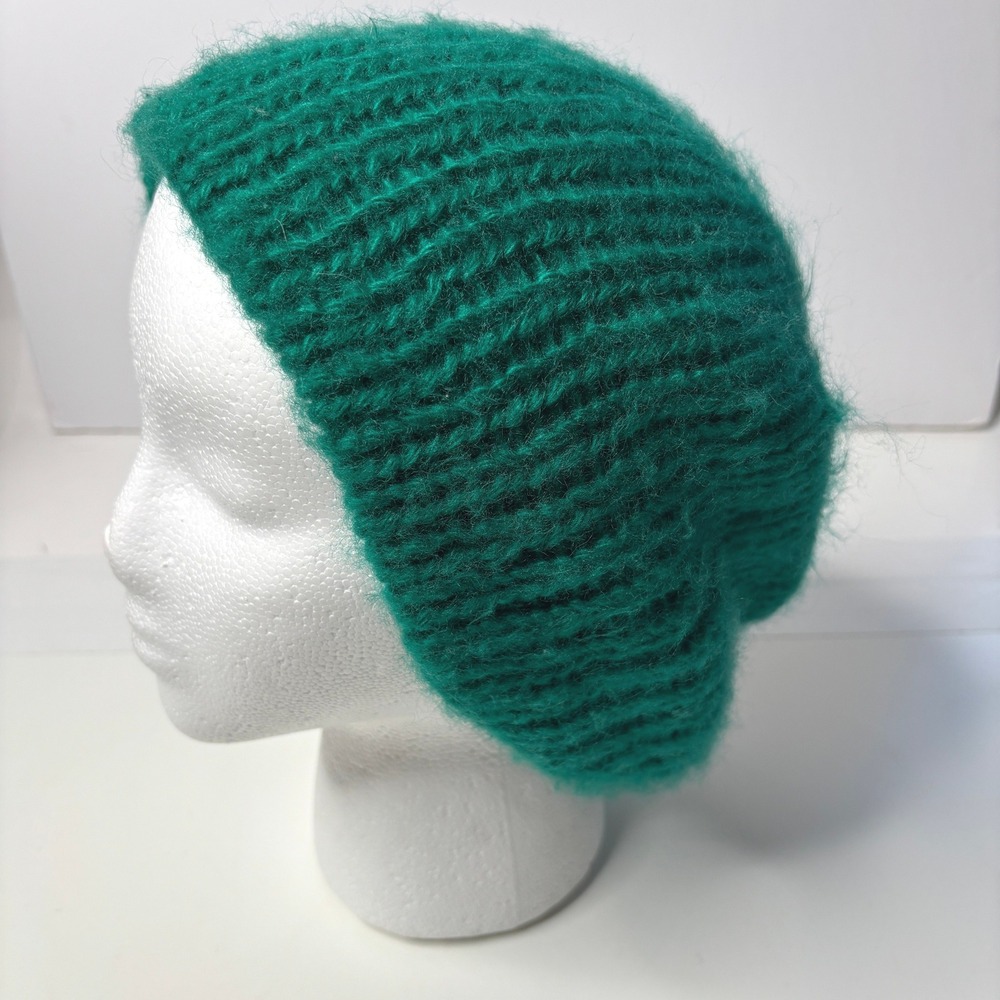 VTG Aris USA Made Knit Beanie Hat Acrylic Fiber Emerald Green Teal Slouchy Boho